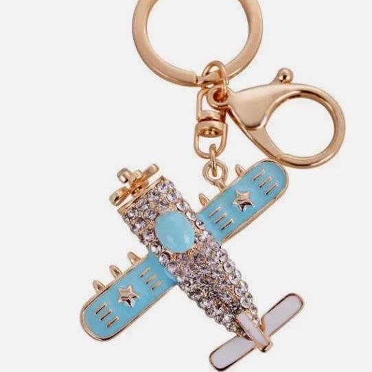 Blue Rhinestone Airplane Keychain