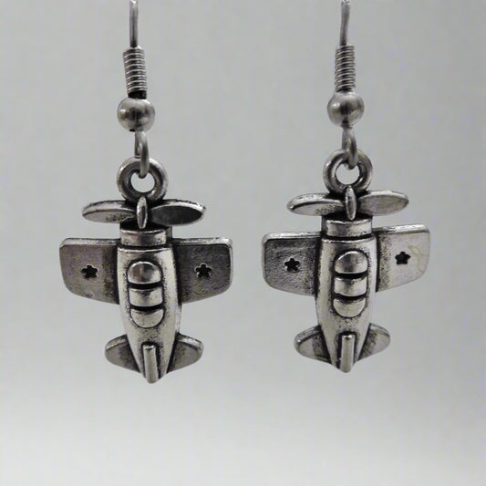 Silvertone Single Engine Warbird Airplane Earrings